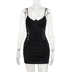 V neck lace ruched backless cami mini dress  | Festival Outfits Women