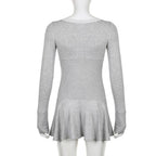 Lace hem square neck contrast long sleeve ruffle mini dress