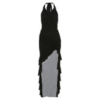 Halter cowl neck flower applique ruffle maxi dress  | Festival Outfits Women