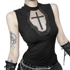 Sleeveless crewneck cross pattern solid top  | Festival Outfits Women
