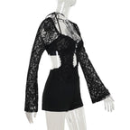 Long sleeve halter self tie lace hollow out romper  | Festival Outfits Women