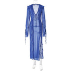 Slit chiffon see through long sleeve v neck self tie maxi dress