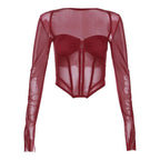 Corset mesh long sleeve solid ruched square neck crop top | Mesh Long Sleeve Crop Top  | Festival Outfits Women