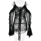 Long flared sleeve Off shoulder sheer mesh ruffle mini dress  | Festival Outfits Women