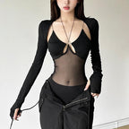 Long sleeve gloves o ring hollow out shrug 2 piece bodysuit  | Festival Outfits Women