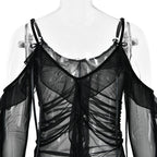 Long flared sleeve Off shoulder sheer mesh ruffle mini dress  | Festival Outfits Women