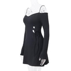 Long sleeve off shoulder textured hollow out cami mini dress - Final Sale