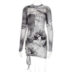 Long sleeve cross front print ruched drawstring dress