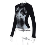 Long sleeve contrast body print crewneck top  | Festival Outfits Women