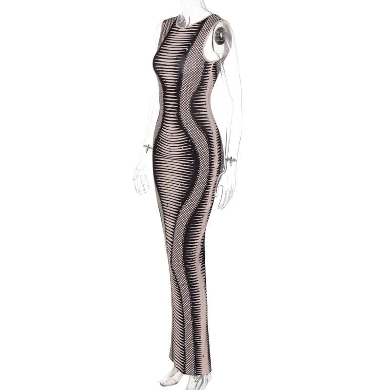 Round neck open back print  sleeveless maxi dress
