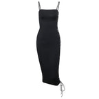 Lace up solid irregular backless square neck midi dress