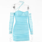 Solid ruched halter mesh long sleeve off shoulder mini dress