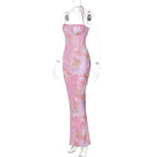 Halter print ruched bustier high slit knotted maxi dress  | Festival Outfits Women