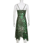 Leopard print cowl neck contrast ruffle backless mesh maxi dress