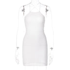 Textured cross back lace up solid backless mini dress