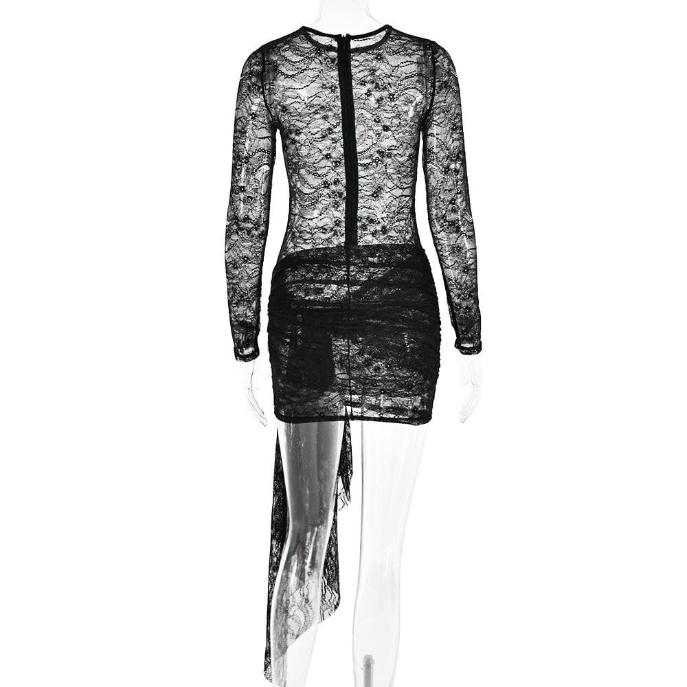 Lace see through long sleeve zip-up self tie ruched mini dress