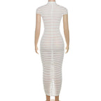 Knitted solid short sleeve crewneck see through maxi dress