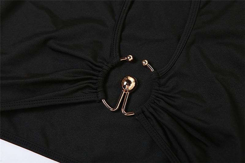 Sleeveless o ring self tie hollow out solid mini dress