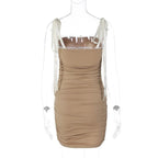 Ruched lace hem self tie square neck backless mini dress