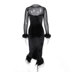 Long sleeve feather velvet mesh patchwork slit high neck midi dress