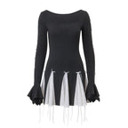 Long flared sleeve bowknot self tie u neck contrast patchwork mini dress