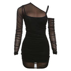 Mesh off shoulder long sleeve irregular ruched mini dress