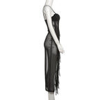 Sweetheart neck ruffle high slit sheer mesh cami midi dress  | Festival Outfits Women