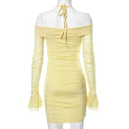 Off shoulder halter mesh ruched long flared sleeve mini dress