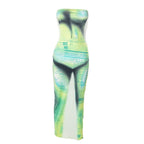 Letter print contrast slit backless sleeveless tube maxi dress