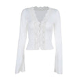Long sleeve v neck lace hem button top  | Festival Outfits Women