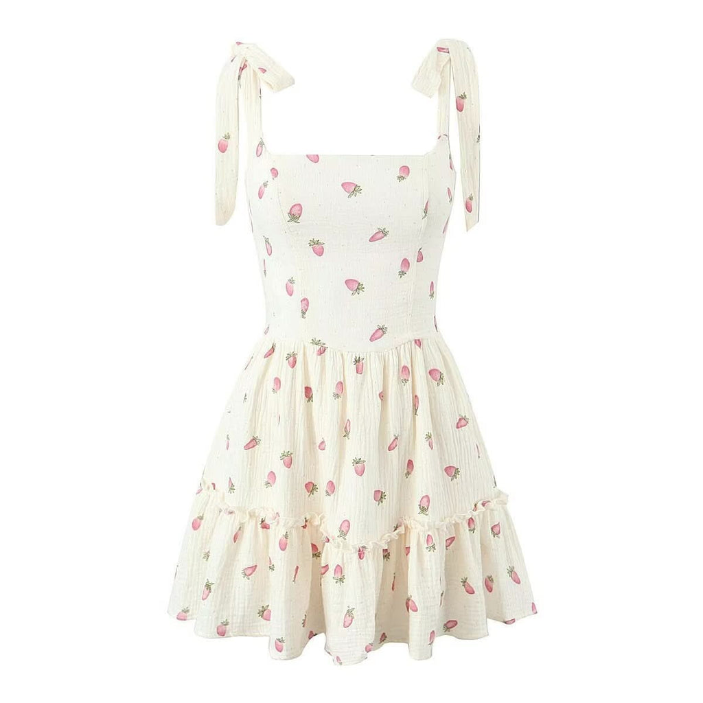 Square neck strawberry print lace up cami mini dress  | Festival Outfits Women