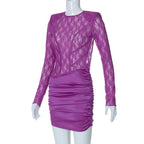 Lace see through satin ruched hollow out long sleeve mini dress