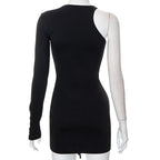 Ruched drawstring irregular solid one shoulder hollow out mini dress