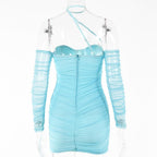 Solid ruched halter mesh long sleeve off shoulder mini dress