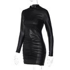 Ruched solid long sleeve high neck mini dress