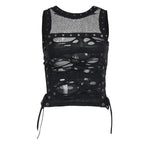 Crewneck fishnet buckle hollow out lace up tank cut out top  | Festival Outfits Women