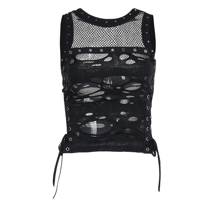 Crewneck fishnet buckle hollow out lace up tank cut out top  | Festival Outfits Women