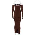 Solid ruched gloves off shoulder backless tube maxi dress