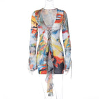 Lace up contrast flared sleeve self tie tie dye mini dress