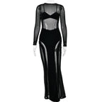 Mesh patchwork velvet solid long sleeve maxi dress