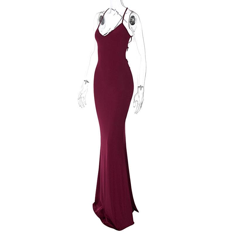 Ruched solid backless cross back v neck lace up maxi dress  | Festival Outfits Women
