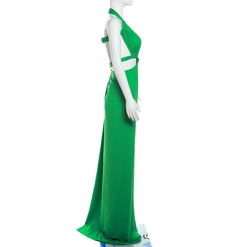 Halter irregular solid backless knotted ruched maxi dress
