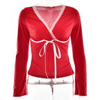 Lace hem long sleeve v neck ribbon ruched top  | Festival Outfits Women