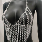 Halter crystal tassels beaded hollow out cut out top  | Festival Outfits Women