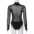 Long sleeve high neck mesh patchwork irregular bodysuit  | Festival Outfits Women