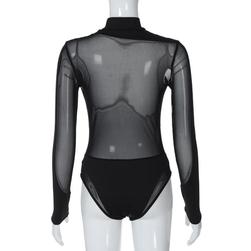 Long sleeve high neck mesh patchwork irregular bodysuit  | Festival Outfits Women