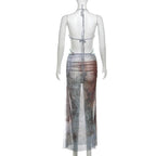 Halter self tie deep V neck sheer mesh shell applique maxi dress  | Festival Outfits Women