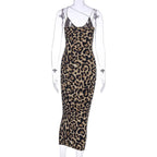 Leopard print contrast spaghetti strap u neck backless midi dress