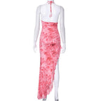 Mesh tie dye irregular contrast halter backless ruched maxi dress