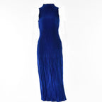 Textured solid zip-up ruffle high neck sleeveless midi dress